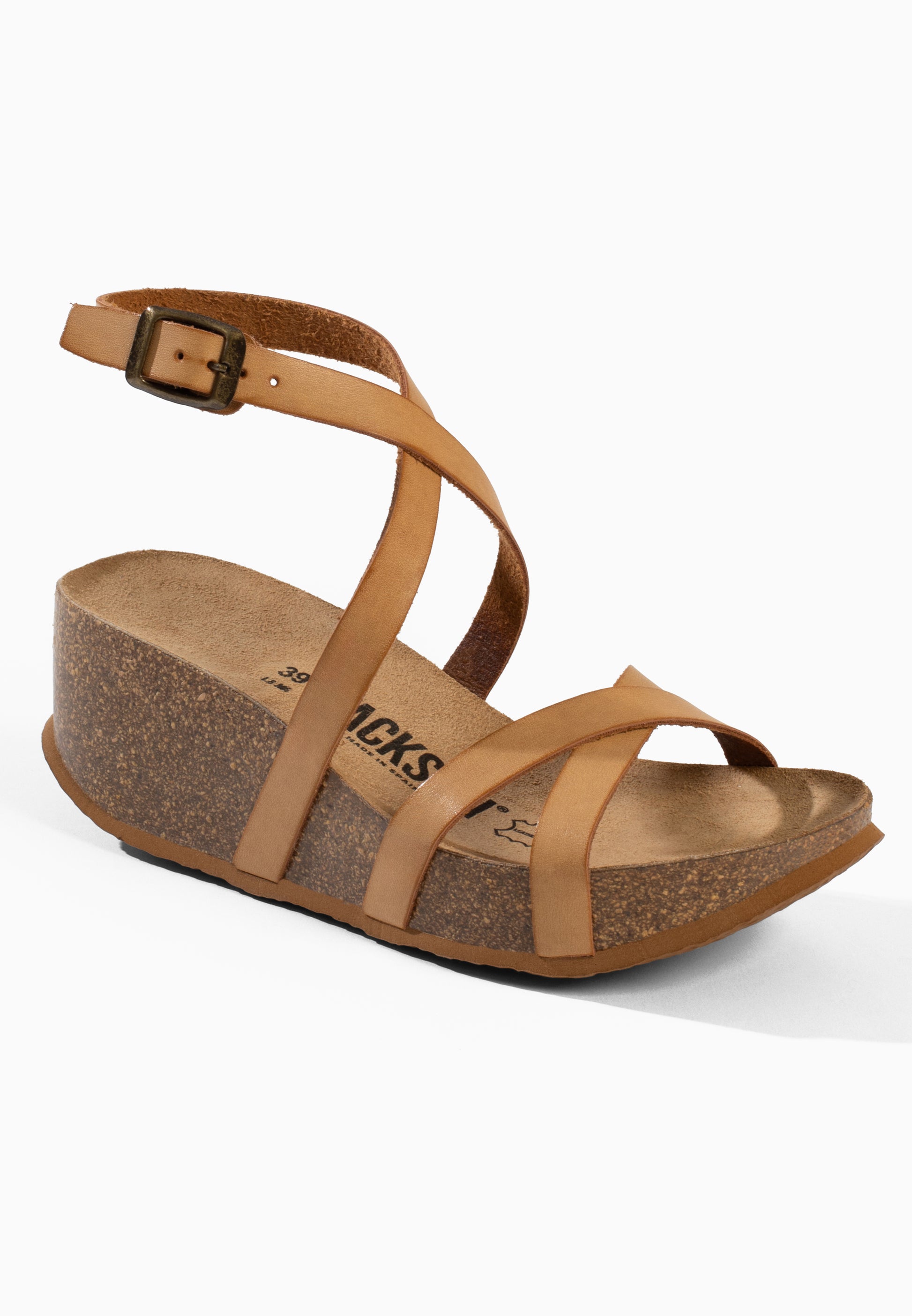 Dunedin Kamelfarbene Sandalen mit Keilabsatz und Halbkeilabsatz