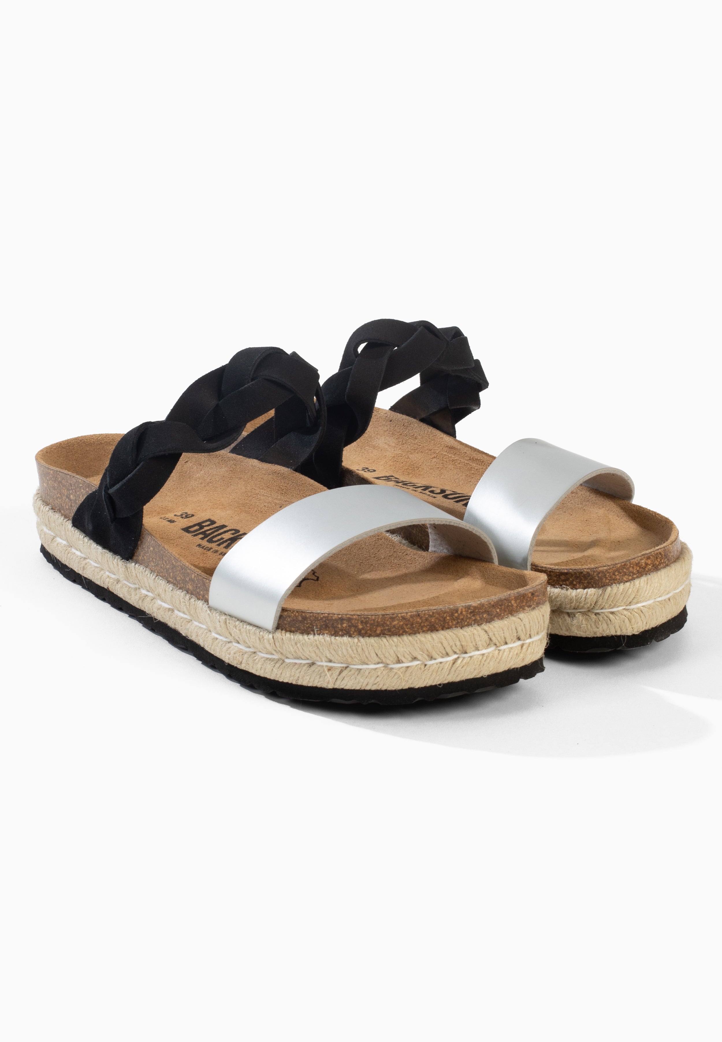 Schwarze und silberne Bagua-Plateausandalen
