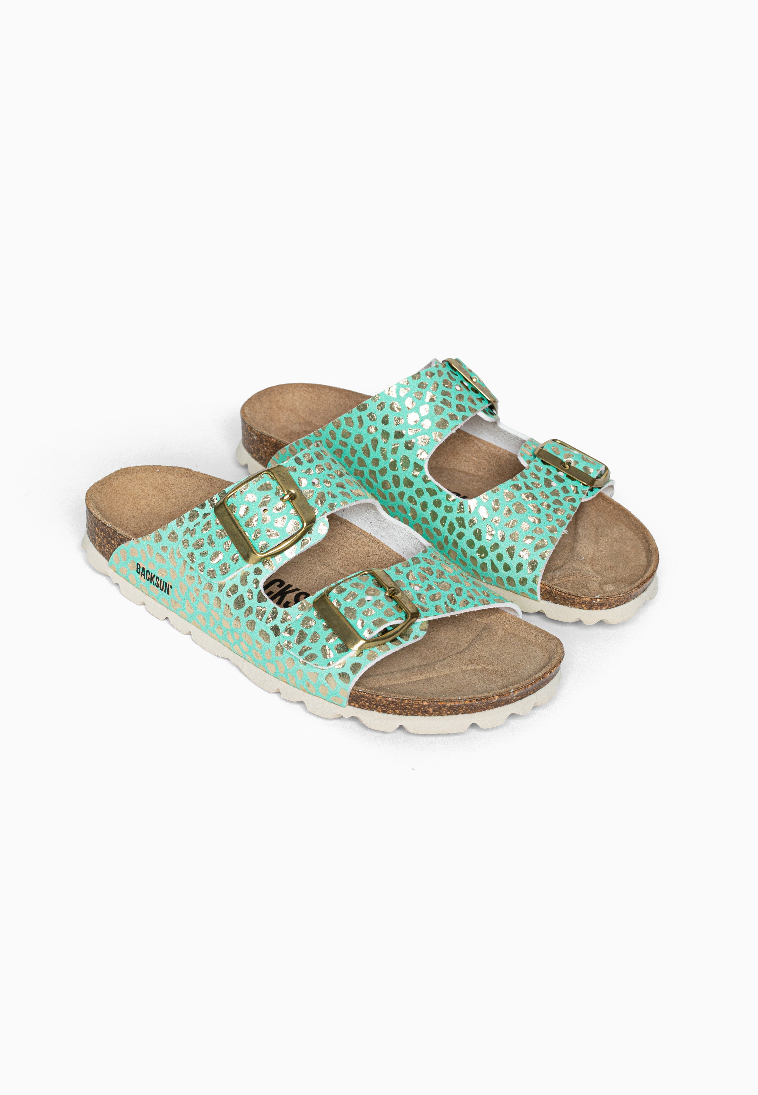 Bali 2-Strap Sandals in Light Green and Gold