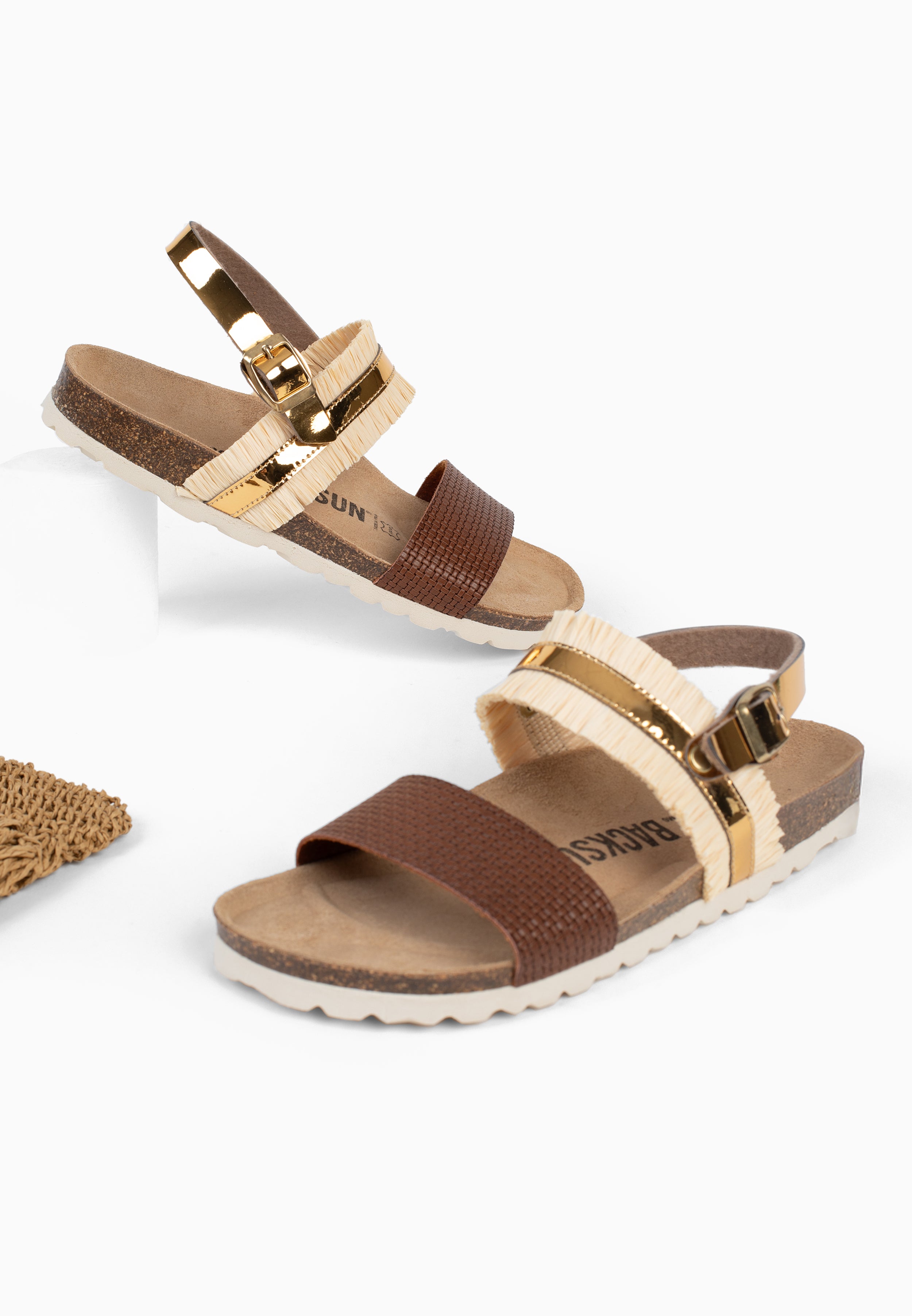 Sandales Rafette Multi-Brides Marron et or et beige