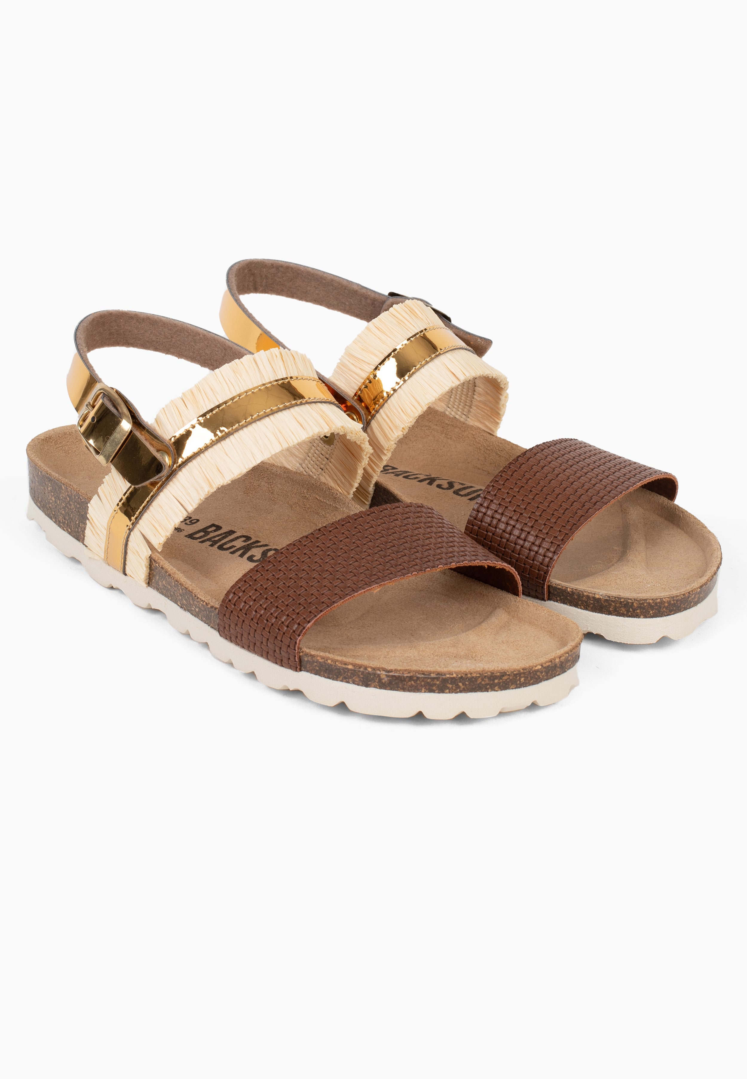 Sandales Rafette Multi-Brides Marron et or et beige