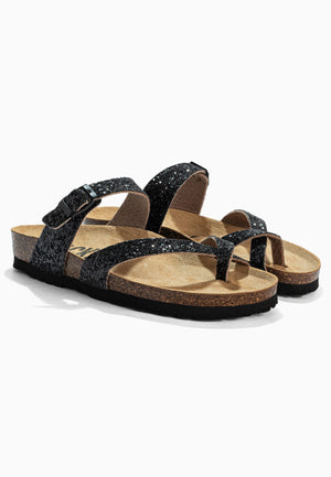 Barcelona Black Glitter Toe-Thong Sandals